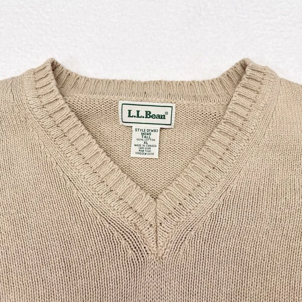 Vintage LL Bean Sweater Mens Size XL Tall Tan V Neck Pullover Knit Casual‎